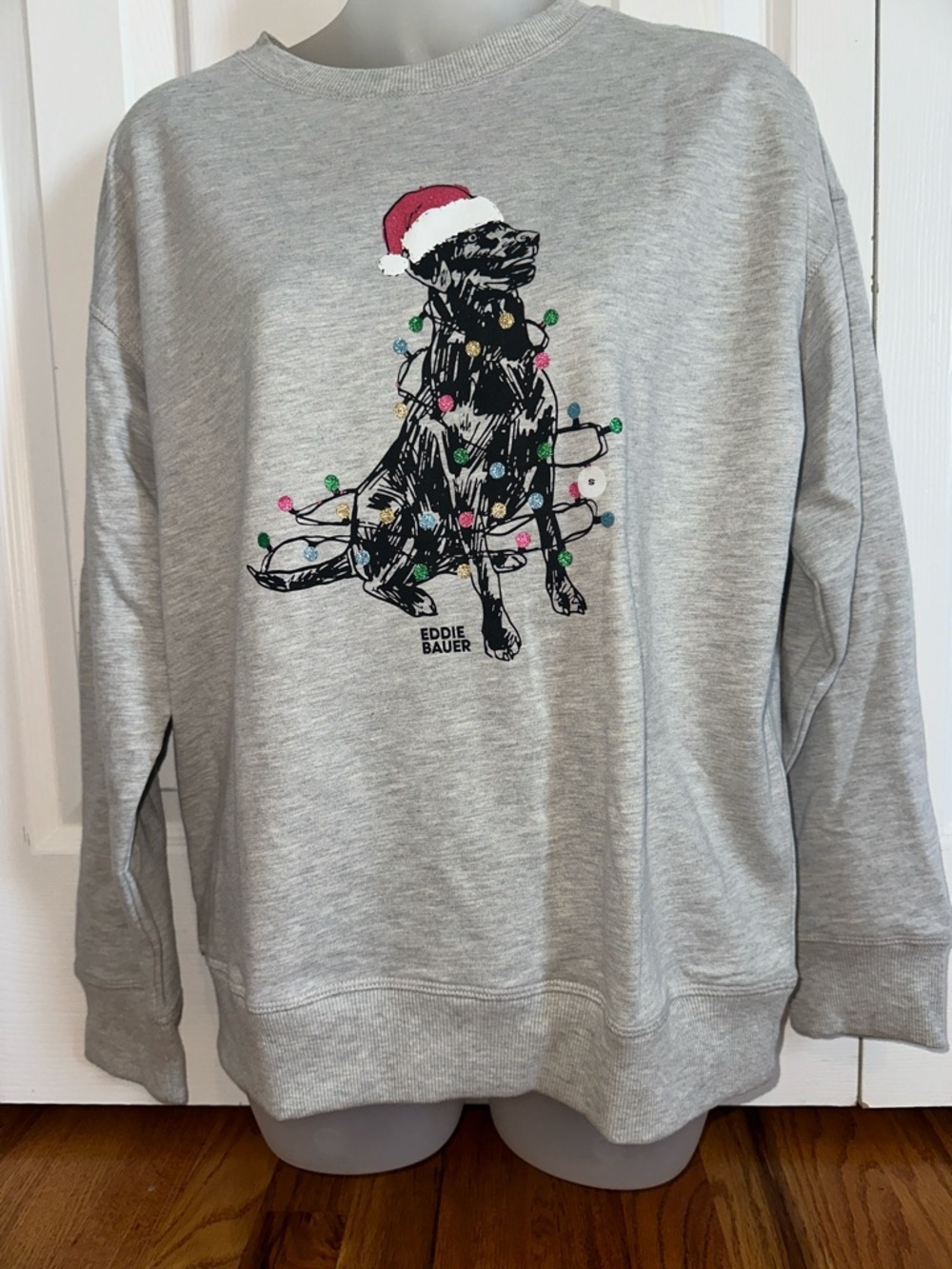 Eddie Bauer Light Gray Dog Lover Holiday Lights Christmas Sweatshirt Small S NWT